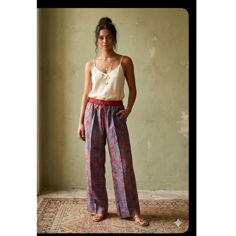 Moh Lagos Batik Print Pants Womens 14/16 Blue Red Wide Leg Drawstring E